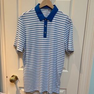 Adidas sz M HeatRdy White Bright blue striped textured Golf shirt Polo Collar
